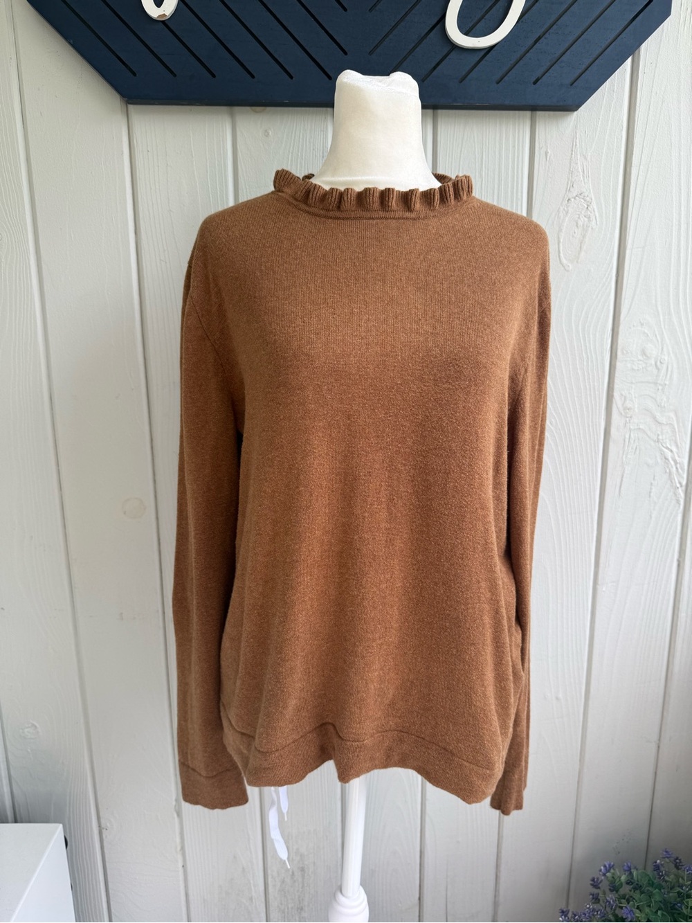J. Crew Ruffled Mock Neck Sweater in Chestnut Brown